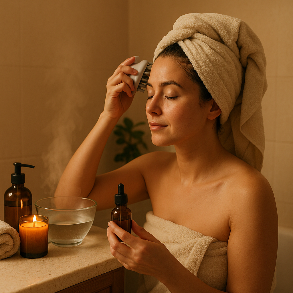 Woman enjoying a DIY Japanese head spa at home with a towel wrap, scalp brush, and essential oils.