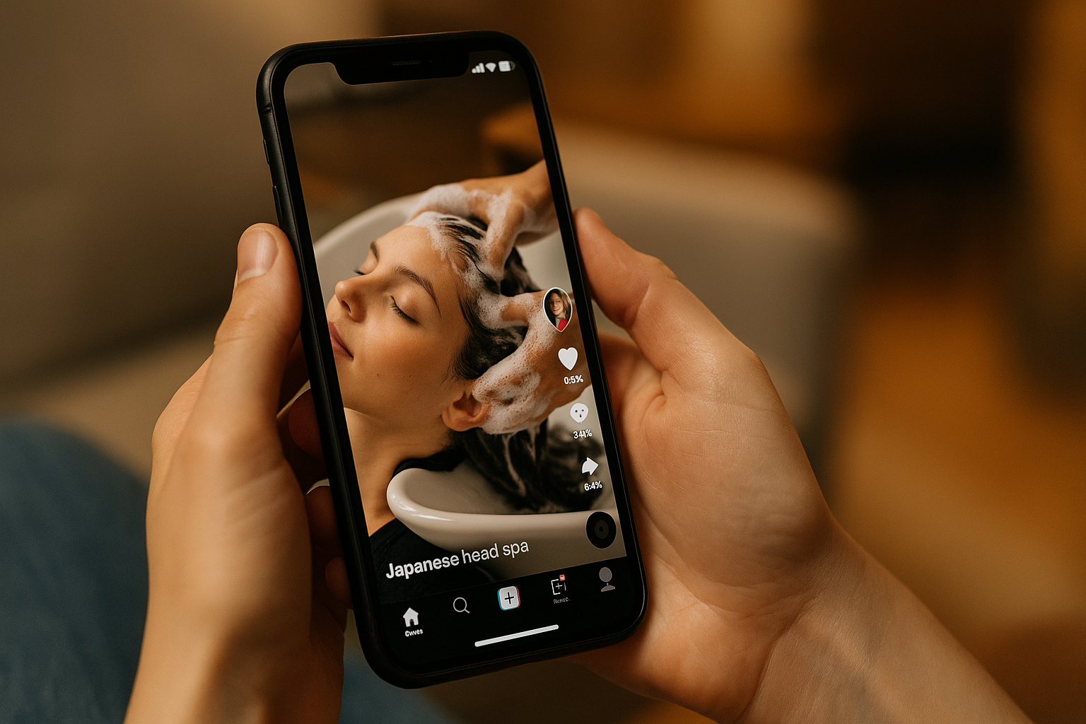 Hands holding smartphone showing viral Japanese head spa TikTok video with foamy scalp treatment and social media engagement metrics