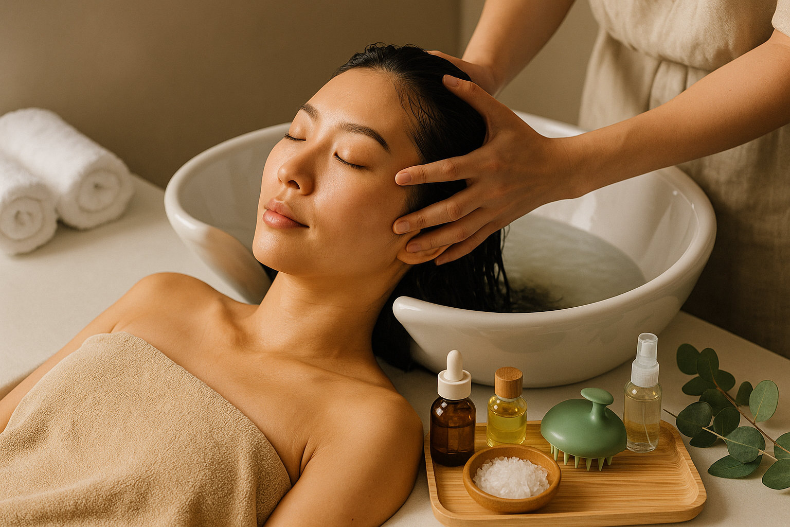 Modern scalp care products and tools arranged in an aesthetic display
