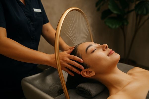 Client enjoying a Japanese head spa treatment in a tranquil salon
